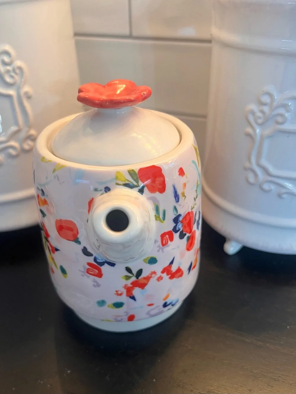 Anthropologie Luna Tea for One Ceramic Teapot with Pink Flower Lid Knob